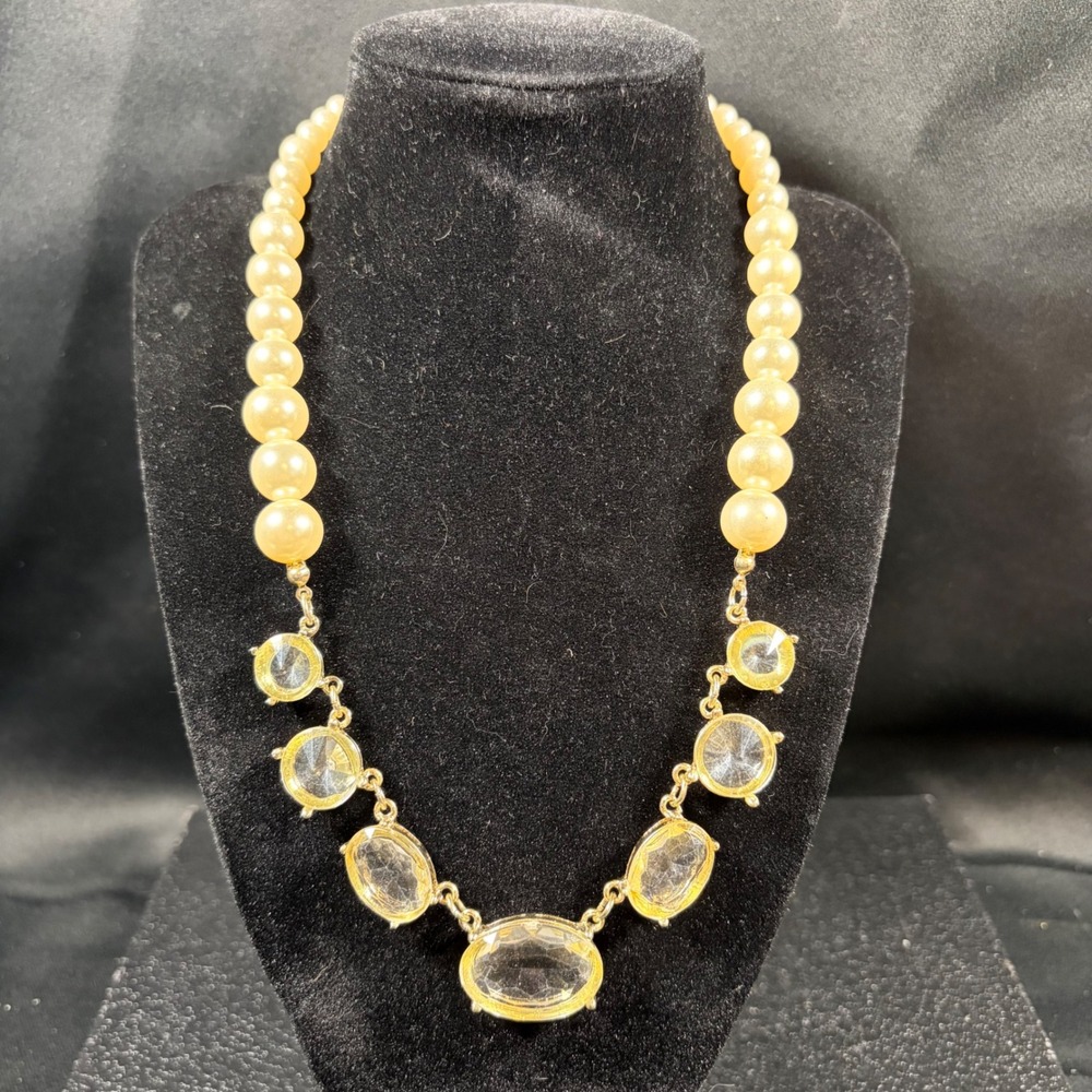 Vintage Faux Pearl Glass Crystal Statement Necklace Gold Tone Mid Century Bib